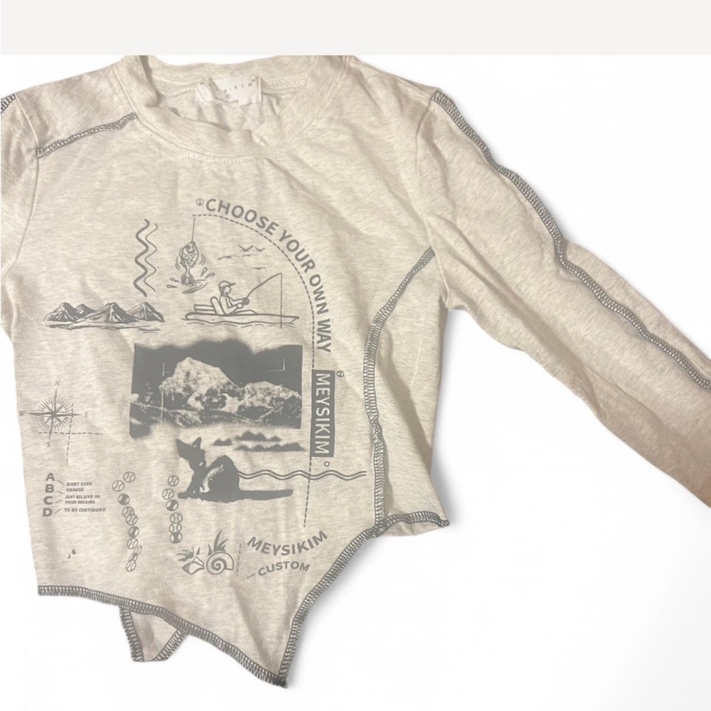 Graphic Beige Long Sleeve Shirt Sz S